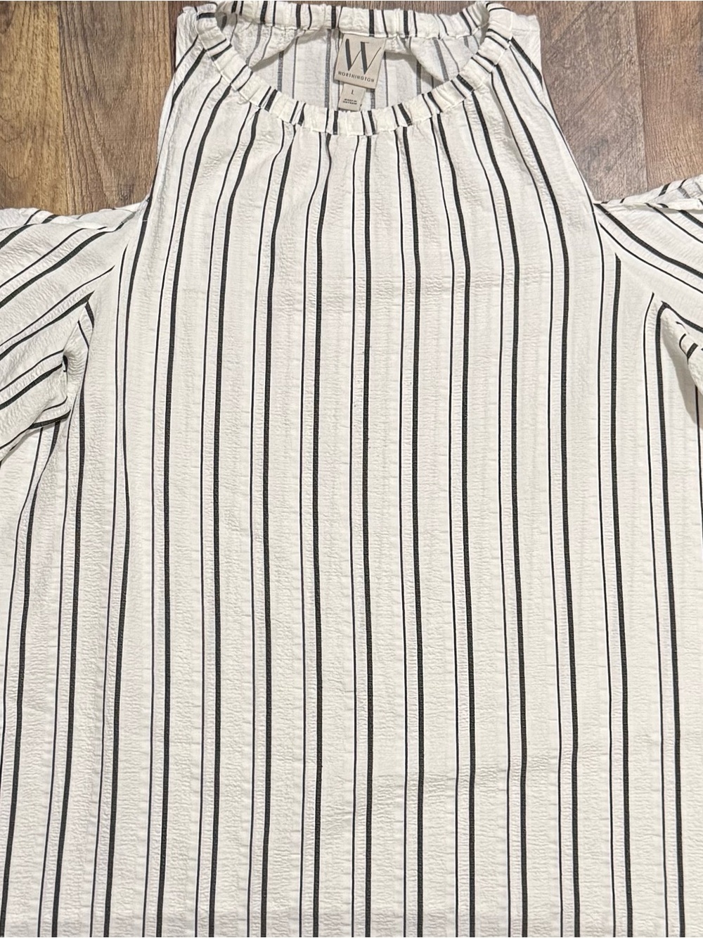 Worthington Cream Blouse with Black Vertical Stripes
